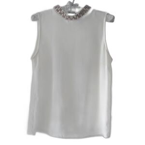 F & F Women White Sleeveless Stand Up Top Blouse Size 8 Beaded Collar
